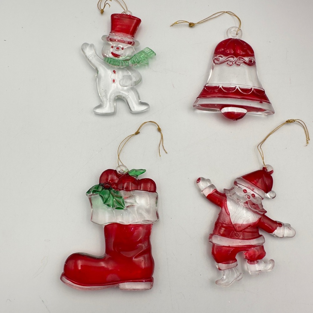 Vintage Clear Red Acrylic Christmas Ornaments Set 4 Santa Snowman Bell Stocking